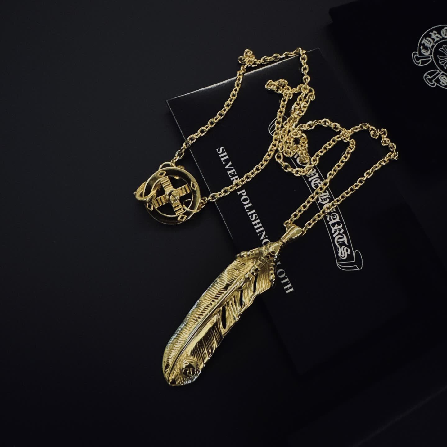 Chrome Hearts Gold Feather and Cross Pendant Necklace